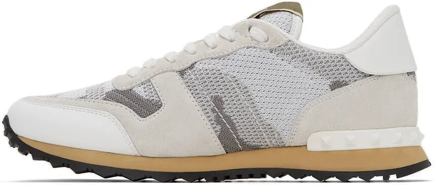 Valentino Garavani White & Grey Camo Mesh Rockrunner Sneakers