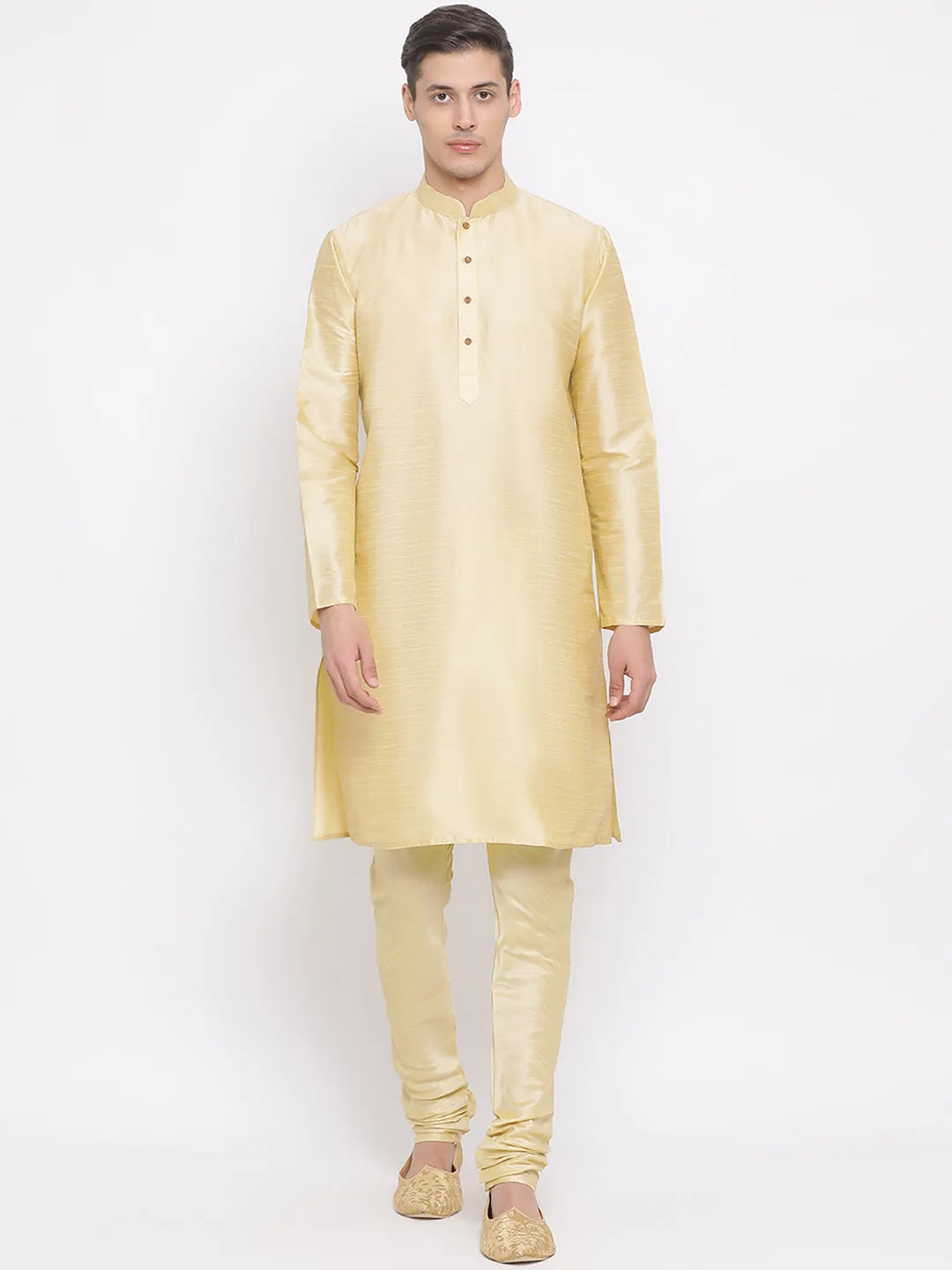 Vastramay Men's Golden Silk Blend Jacket, Kurta and Pyjama Set