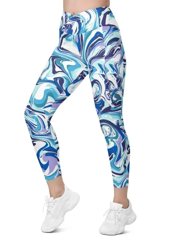 Vibrant Blue Marble Crossover Leggings With Pockets