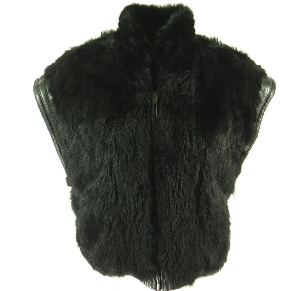 Vintage 90s Napa Leather Opossum Fur Vest Large Reversible Black Lamb Possum