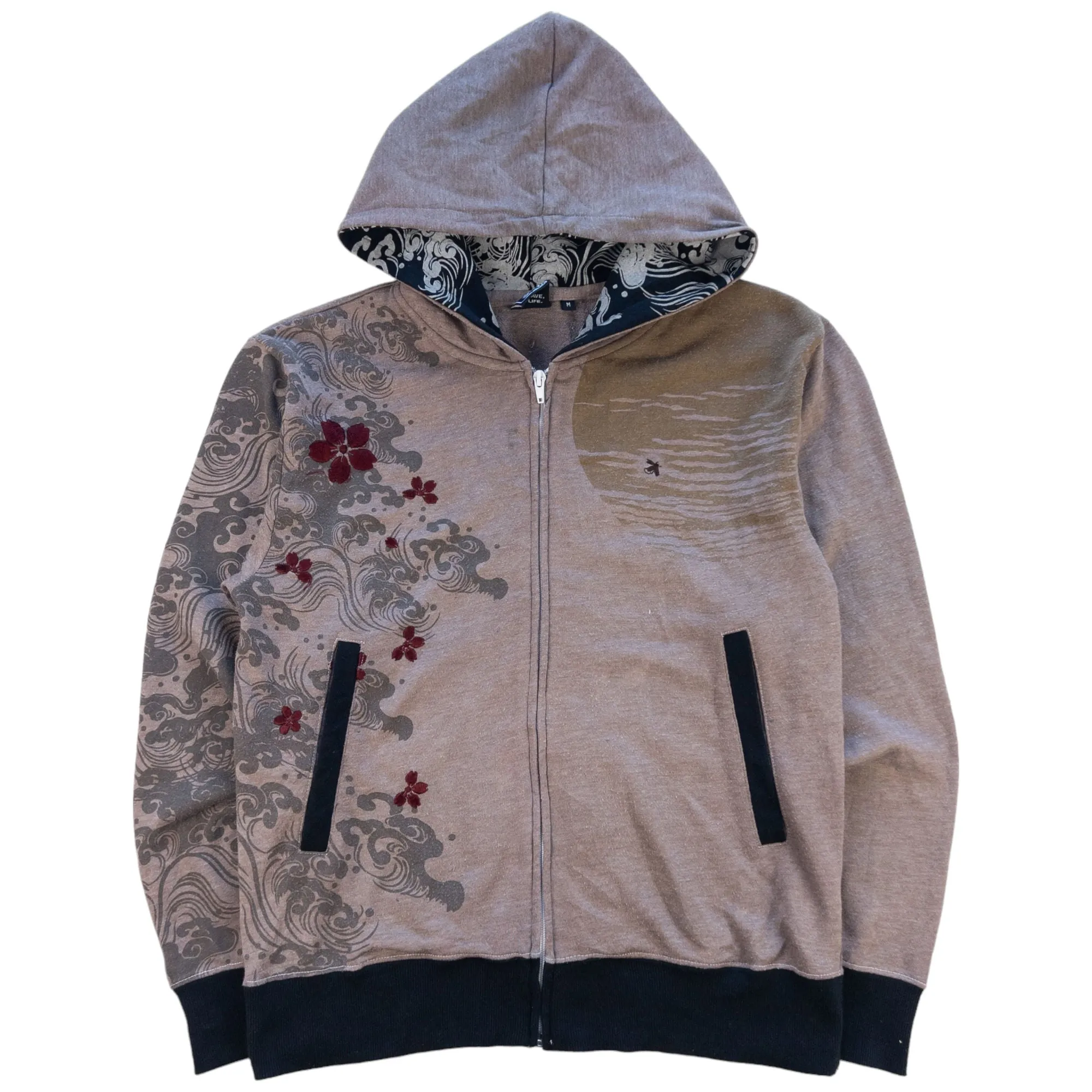 Vintage Sun And Waves Japanese Design Zip Up Hoodie Size S