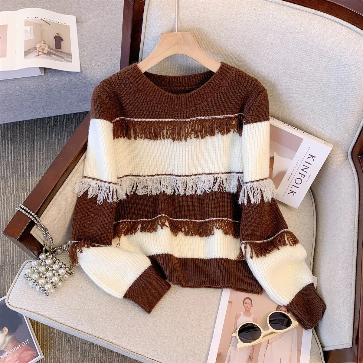 Western style age-reducing American retro pullover round neck striped tassel contrast sweater outer top for women autumn and win