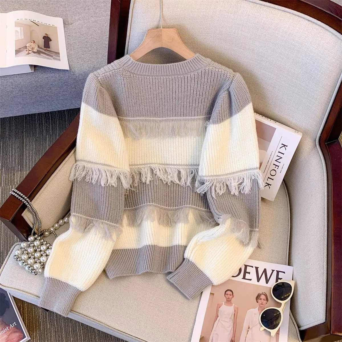 Western style age-reducing American retro pullover round neck striped tassel contrast sweater outer top for women autumn and win