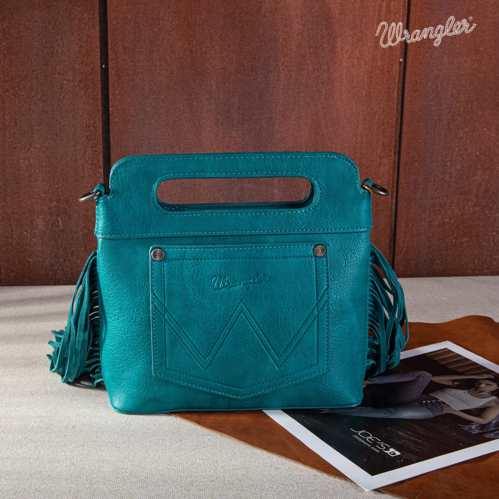 WG110-2022  Wrangler Top Handle Embroidered Fringe Mini Tote/Crossbody -Turquoise