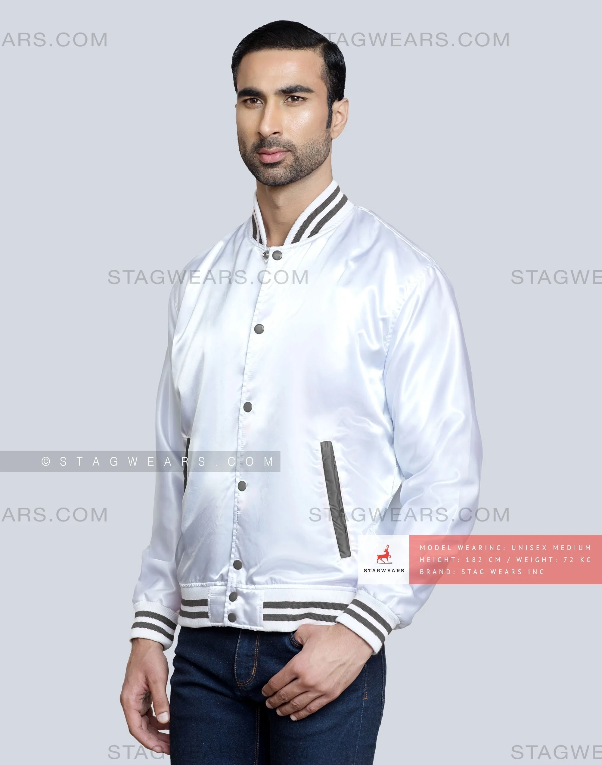 White Satin Baseball Jacket with Dark Grey pockets and Knit lines