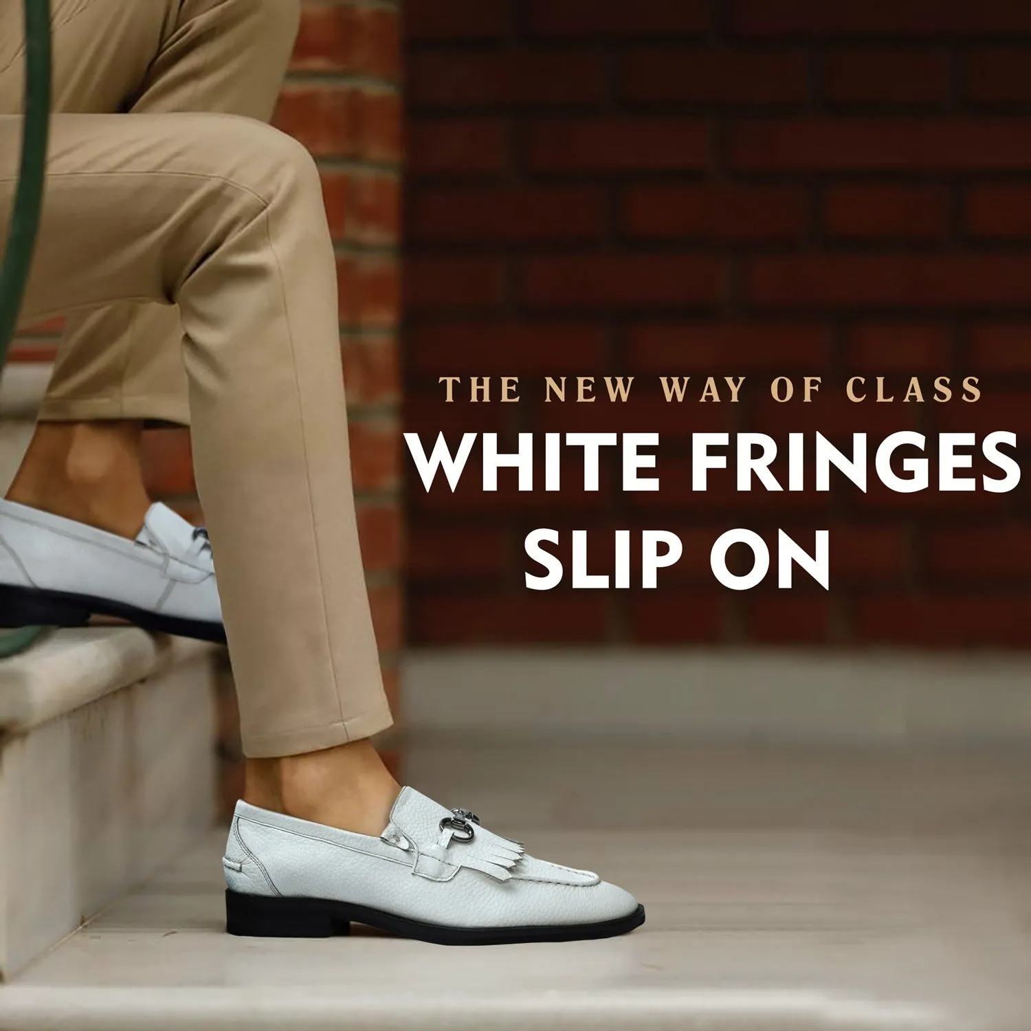 White Slip-On Shoes with Fringes & Horse-Bit Buckle Detailing
