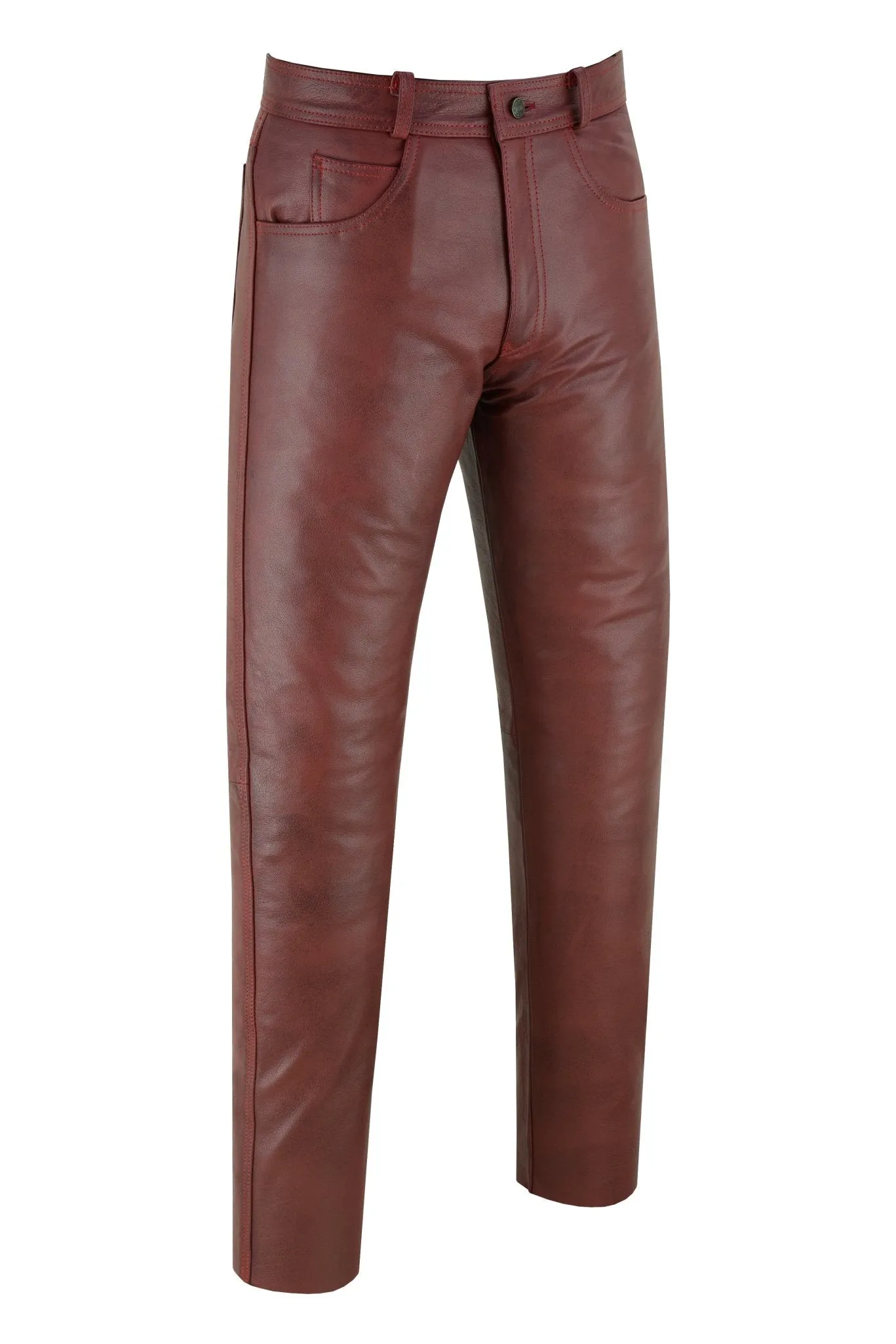 Wine Red Classic Fitted Biker Cowhide Leather Trousers Pants