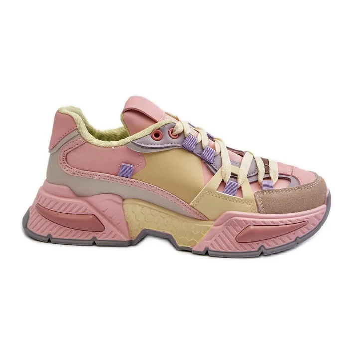 Women's Sneakers With a Thick Sole, Pink and Yellow Peonema