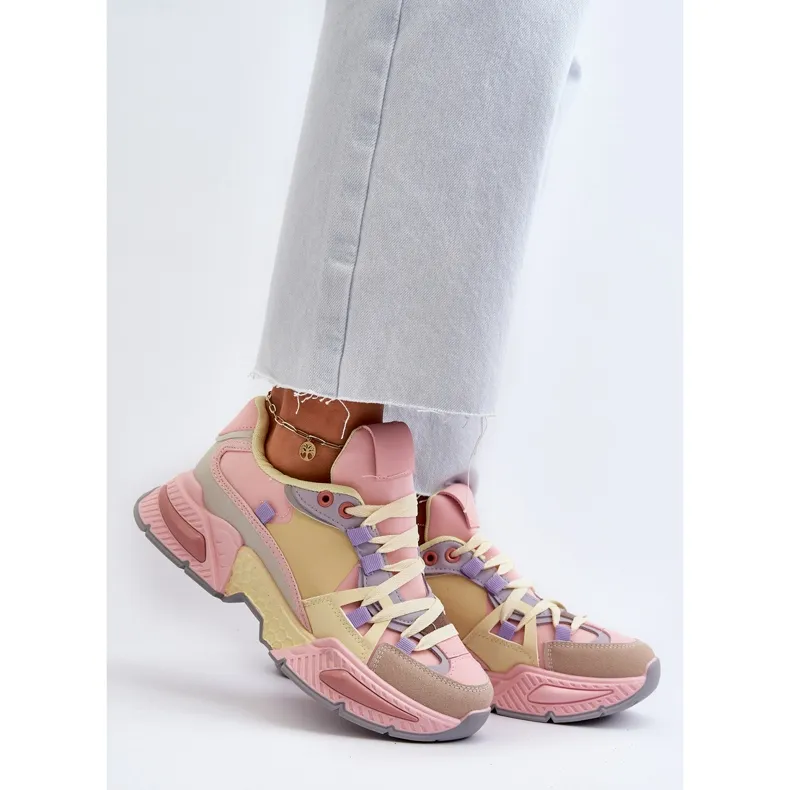 Women's Sneakers With a Thick Sole, Pink and Yellow Peonema