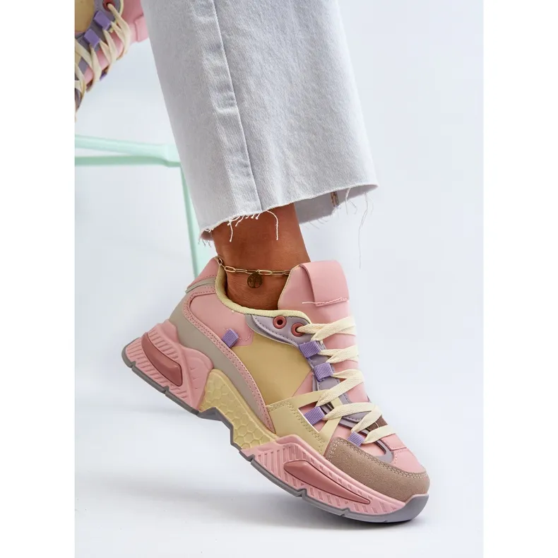 Women's Sneakers With a Thick Sole, Pink and Yellow Peonema