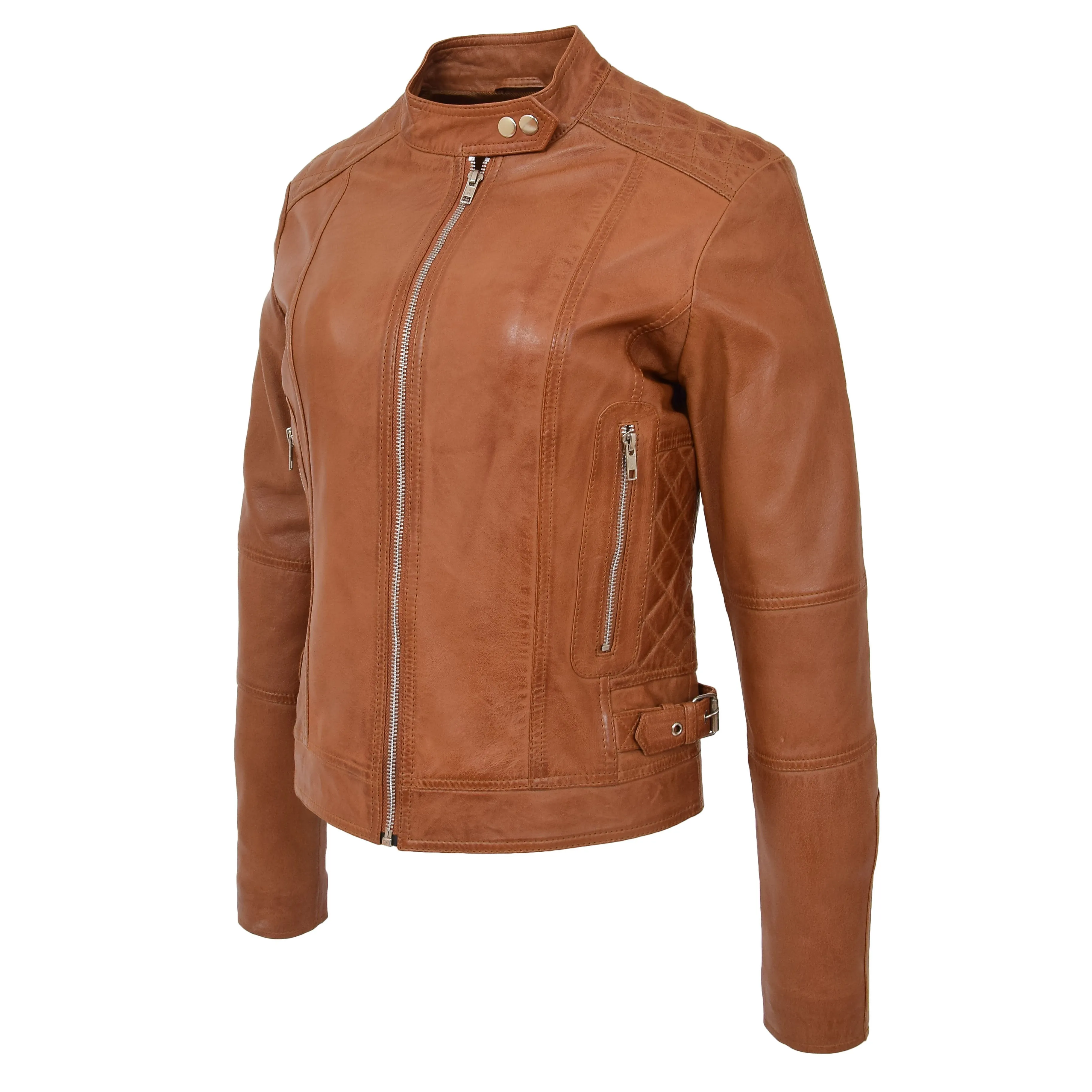 Womens Soft Leather Casual Zip Biker Jacket Ruby Tan
