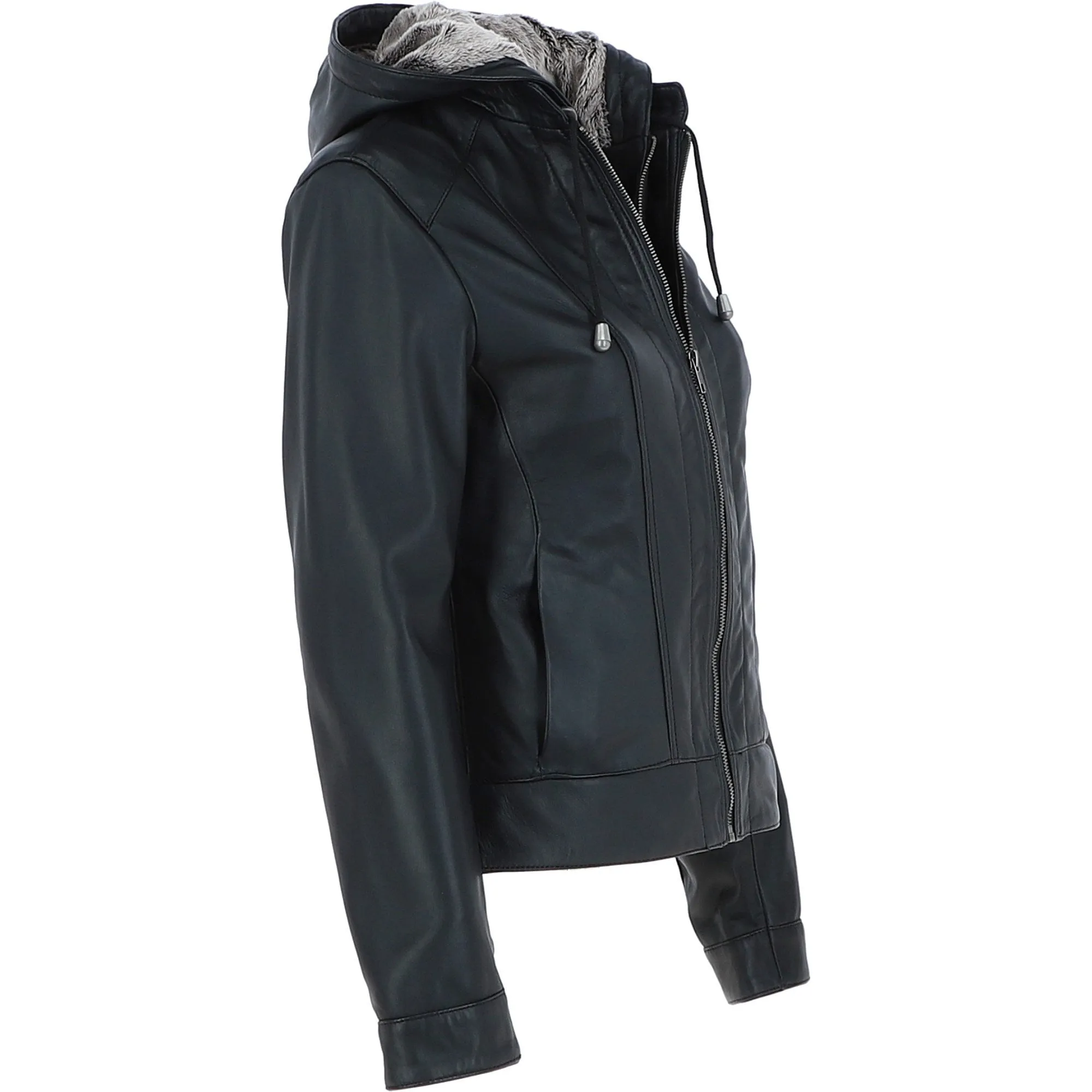 Womens Two-In-One Leather Hooded Jacket Black : Malmo