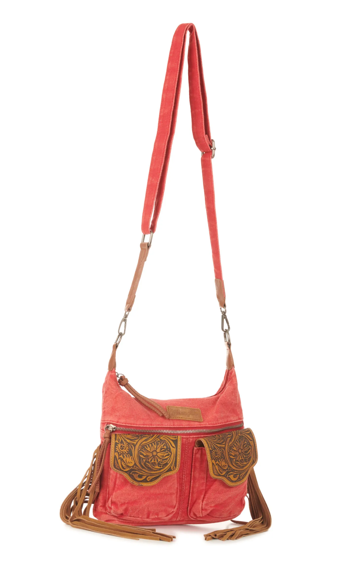 Wrangler Red Denim & Floral Tooled Leather Fringed Crossbody Bag