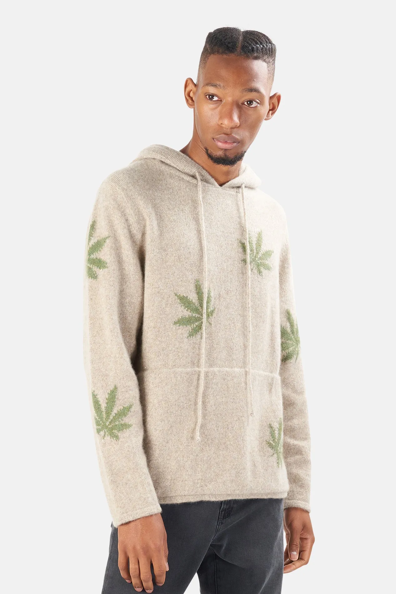 x Blue&Cream Multi Leaf Cashmere Hoodie Oatmeal/Green