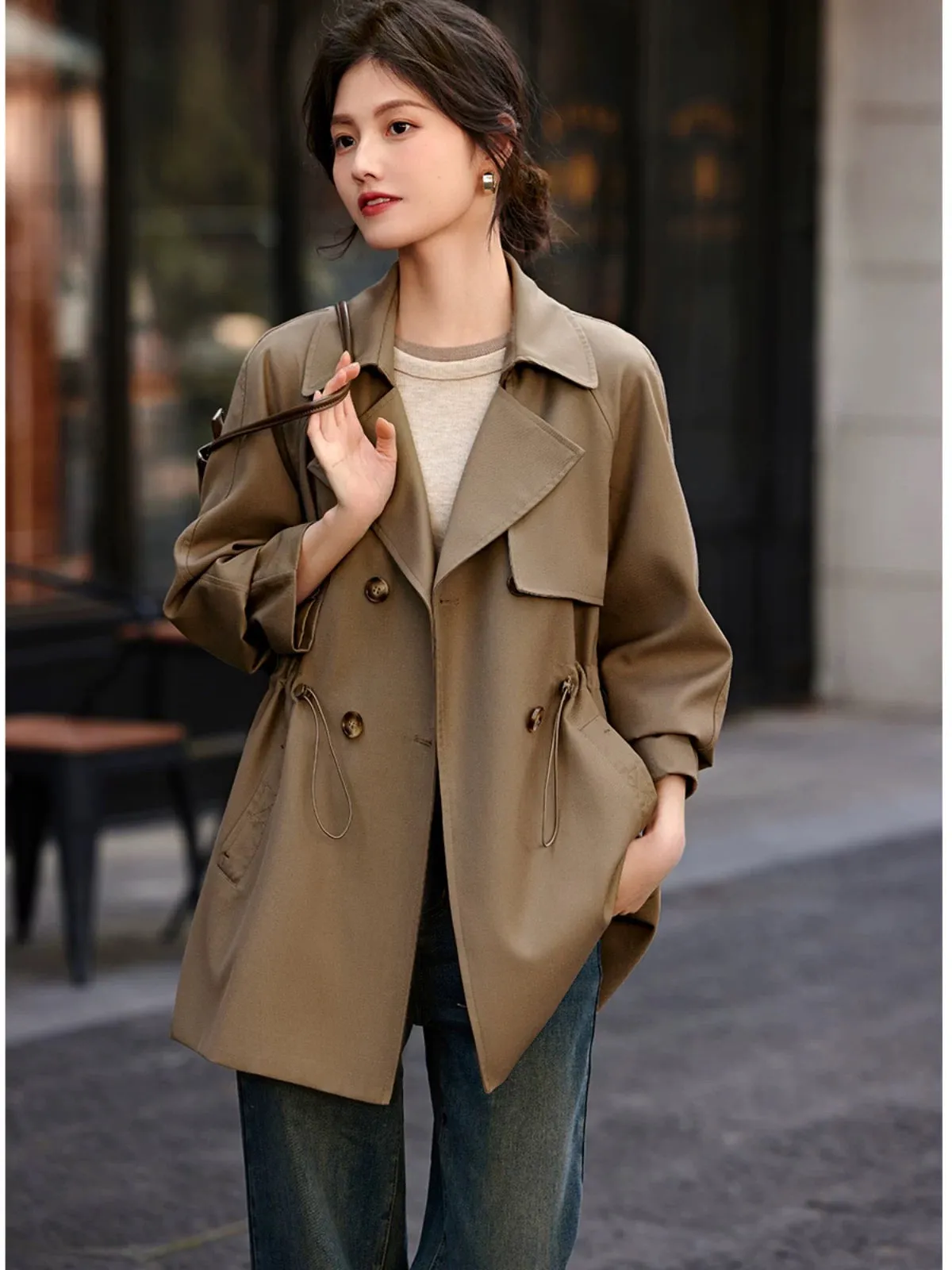 XWI/Xin Wei Qing Workplace Commuting Drawstring Adjustable Waist Windbreaker Women's Autumn New Popular Mid-Length Jacket