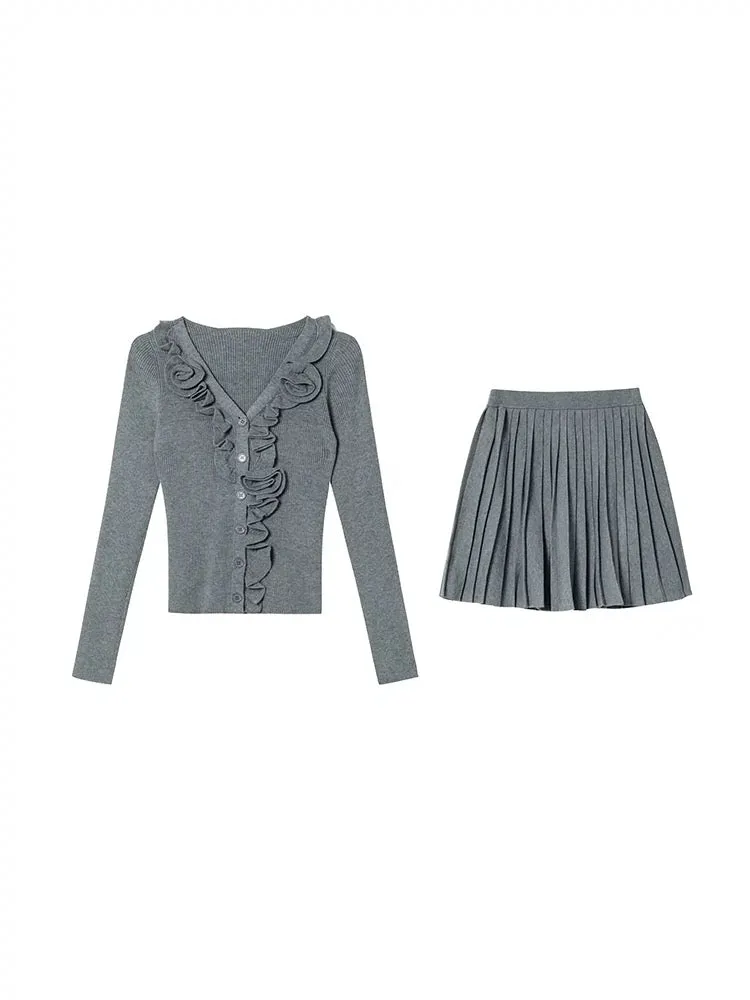 XXNING French style three-dimensional floral knitted sweater skirt suit for women new style elegant two-piece set