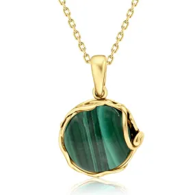 Yellow Gold Plated Round Green Malachite 14mm Pendant