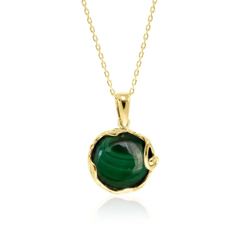 Yellow Gold Plated Round Green Malachite 14mm Pendant