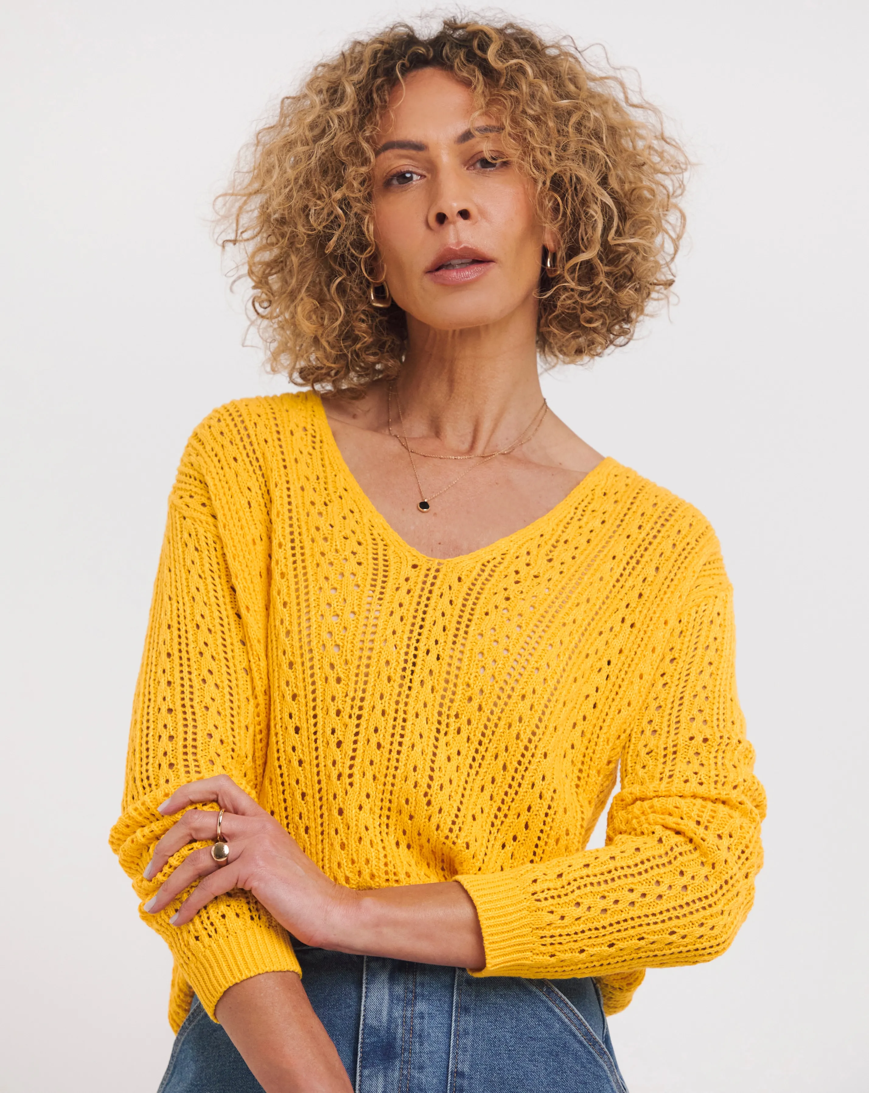 Yellow Pointelle V Neck Jumper