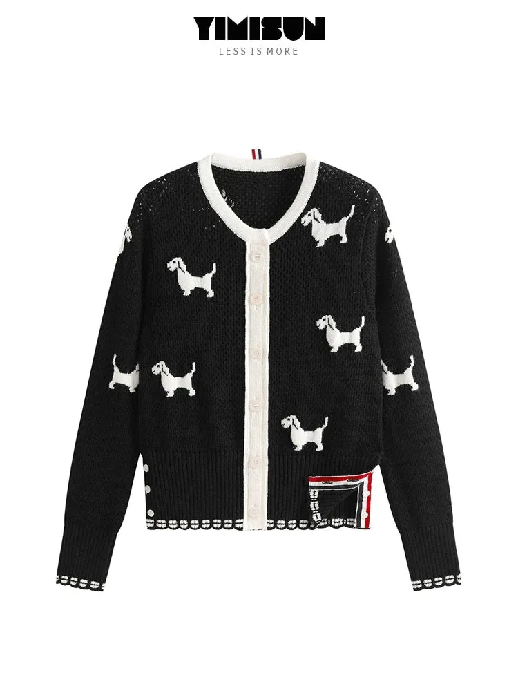 YIMISUN Colorful Puppy Jacquard Knitted Cardigan Women's Hollow Mesh Design Round Neck Slim Casual Jacket