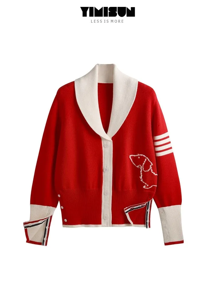 YIMISUN four-stripe puppy embroidered knitted cardigan lapel loose college style versatile striped red jacket
