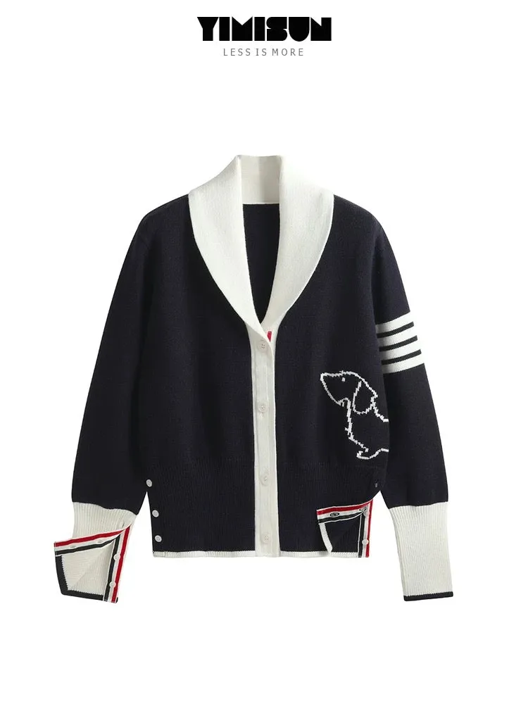 YIMISUN four-stripe puppy embroidered knitted cardigan lapel loose college style versatile striped red jacket