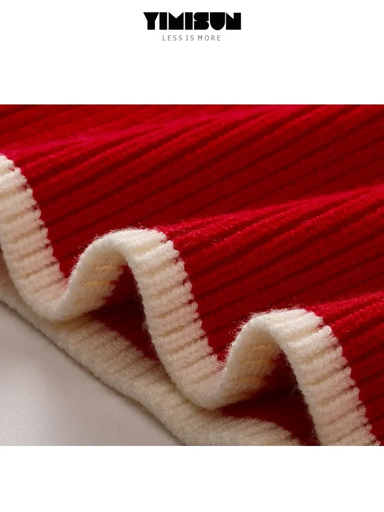 YIMISUN four-stripe puppy embroidered knitted cardigan lapel loose college style versatile striped red jacket