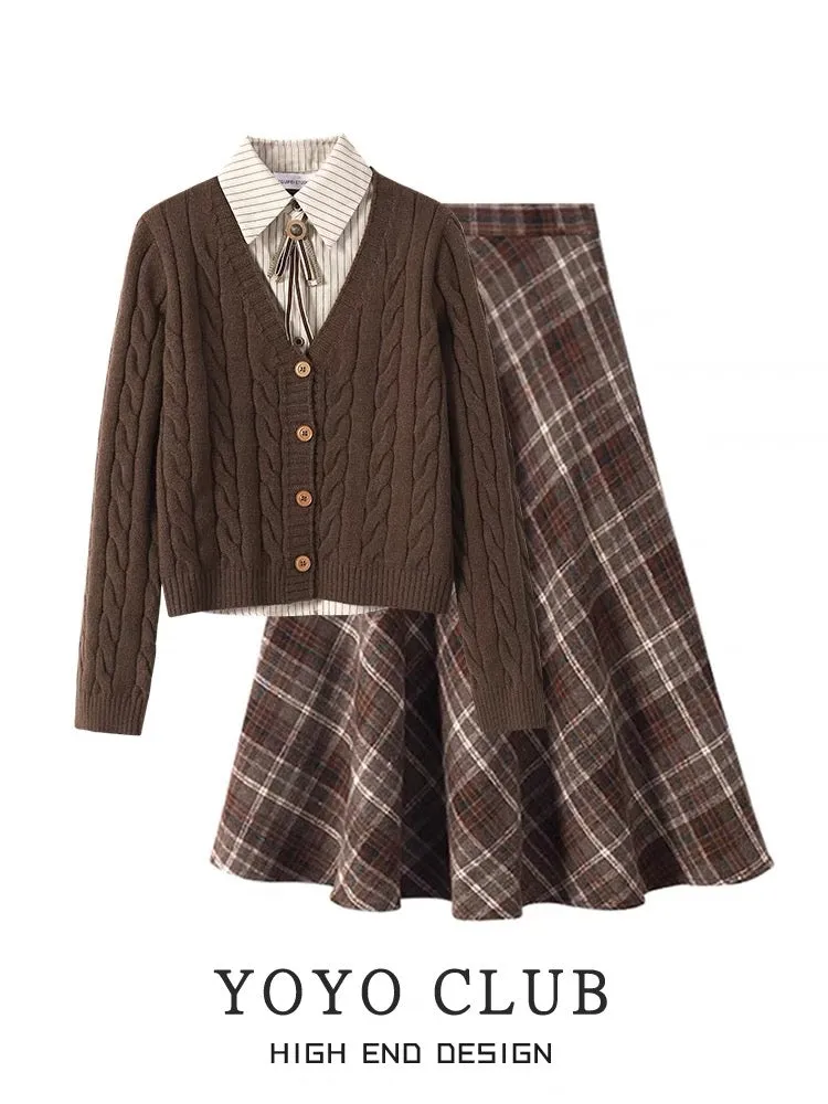 YOYO CLUB fake two-piece sweater cardigan winter high-waisted woolen skirt pear-shaped body suit