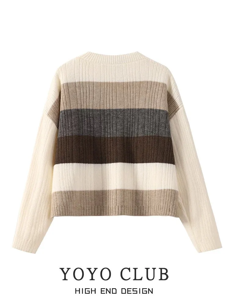 YOYO CLUB large size retro contrast striped sweater lazy style autumn and winter new slim pullover sweater for women